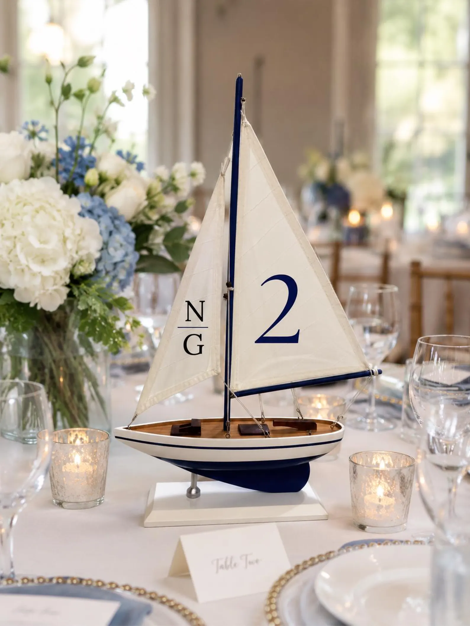 Tall Sailboat Table Number Centerpieces — handcrafted Table Numbers for coastal & beach weddings by Shoreline Bride, Boston MA